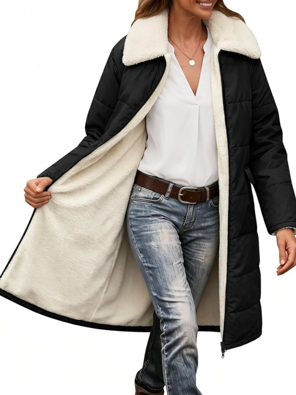 Cozy Sherpa Fleece Lined Winter Coat for Women | Warm Quilted Puffer Jacket with